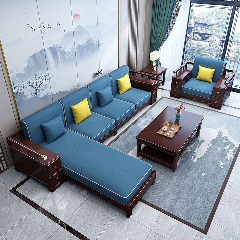 百冠环球 金丝檀木实木沙发组合现代新中式小户型冬夏两用布艺整装储