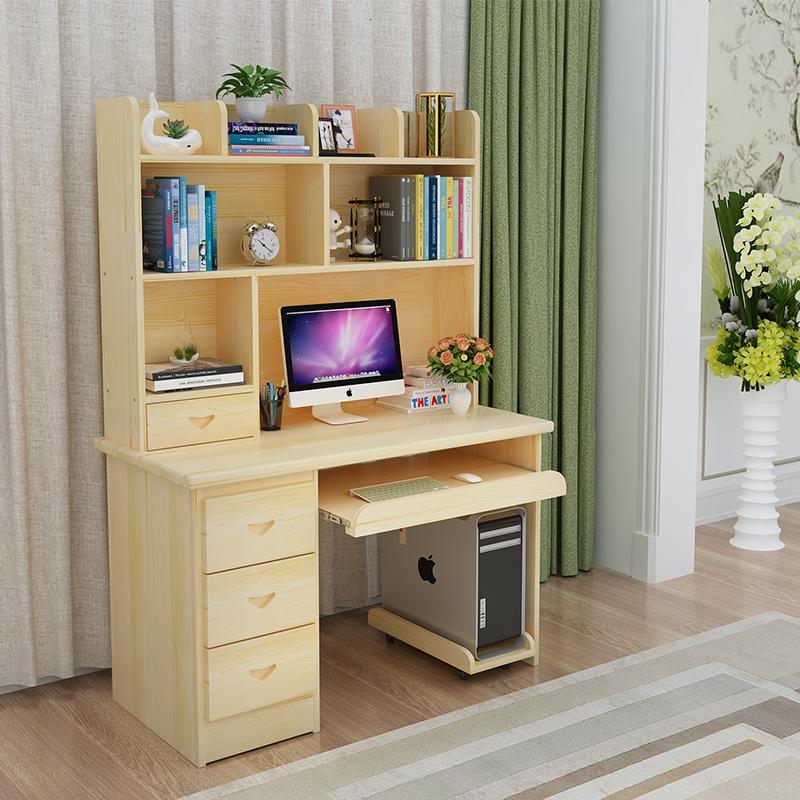实木电脑桌带书架台式家用书桌书柜组合松木写字桌儿童学习桌定制
