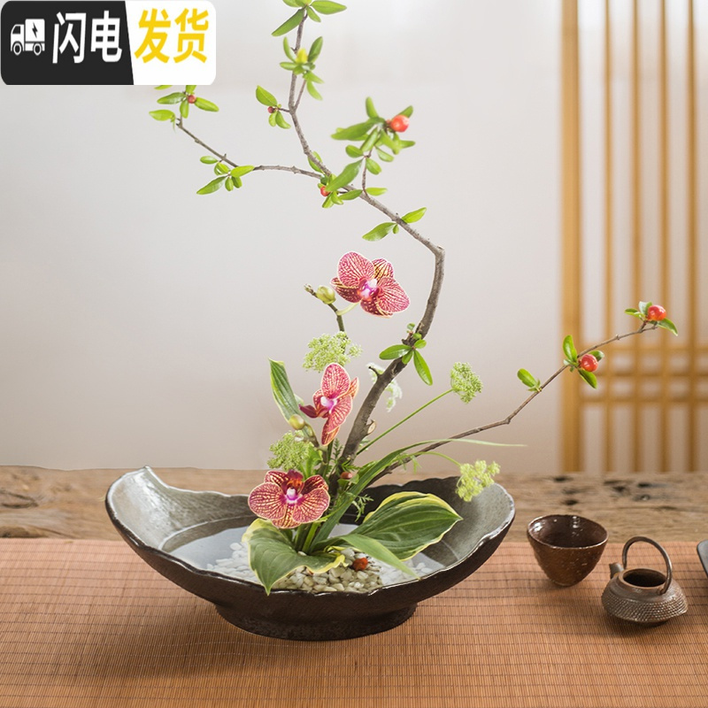 三维工匠陶瓷花盆花器剑山插花器禅意复古中式插花器皿日式花道小原流花盘 套装 大花盆容器