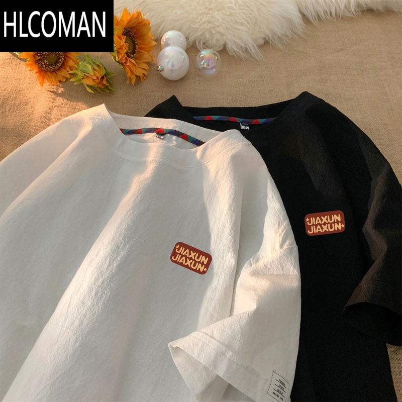 HLCOMAN棉麻短袖T恤男夏季字母印花潮流男生上衣大码宽松宽大高清大图