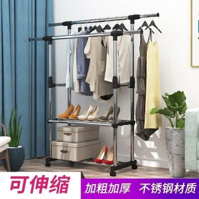 晾衣架落地折叠式单杆式晾衣杆室内晒衣架卧室凉衣架挂衣服架 加厚加粗不锈钢（豪华款-黑色 有轮子 1个