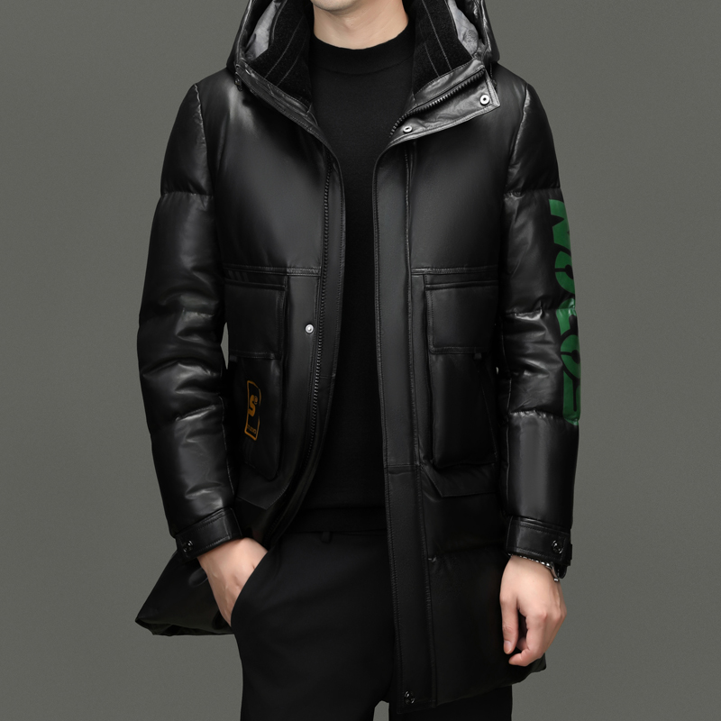 100头层真皮白鸭绒羽绒服皮夹克皮外套冬季加厚保暖中长款新款男装皮夹克海宁真皮绵羊皮高清大图