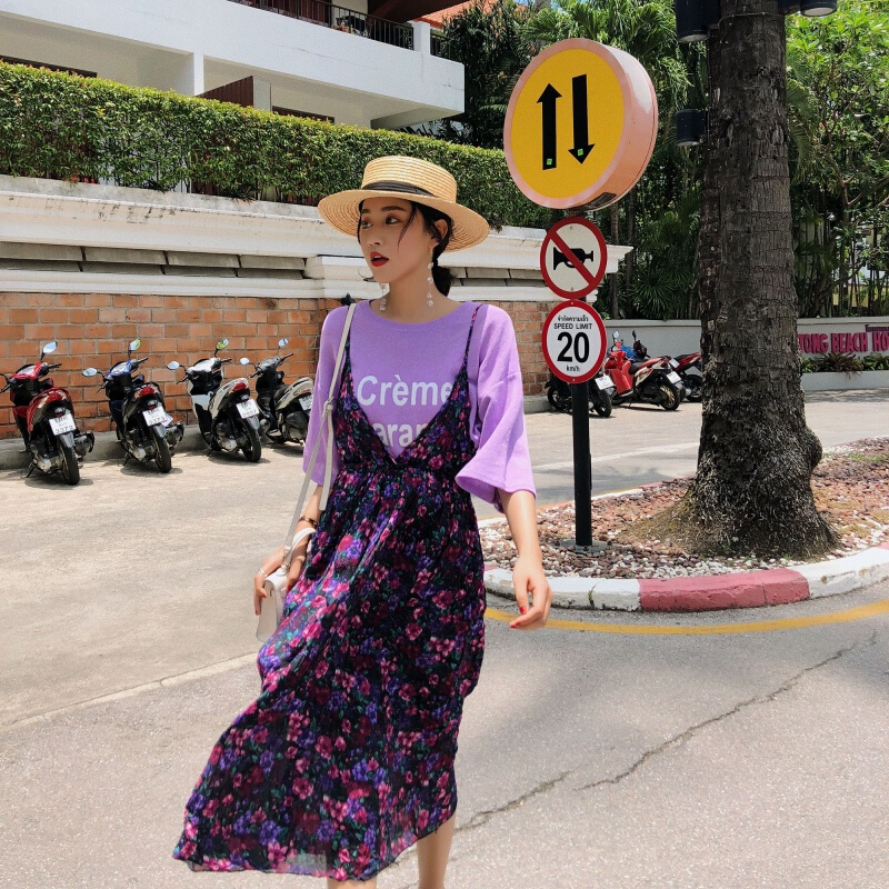 2018夏装新款女裙子 韩版时尚碎花带裙中长款V领高腰雪纺连衣裙 图片色 均码