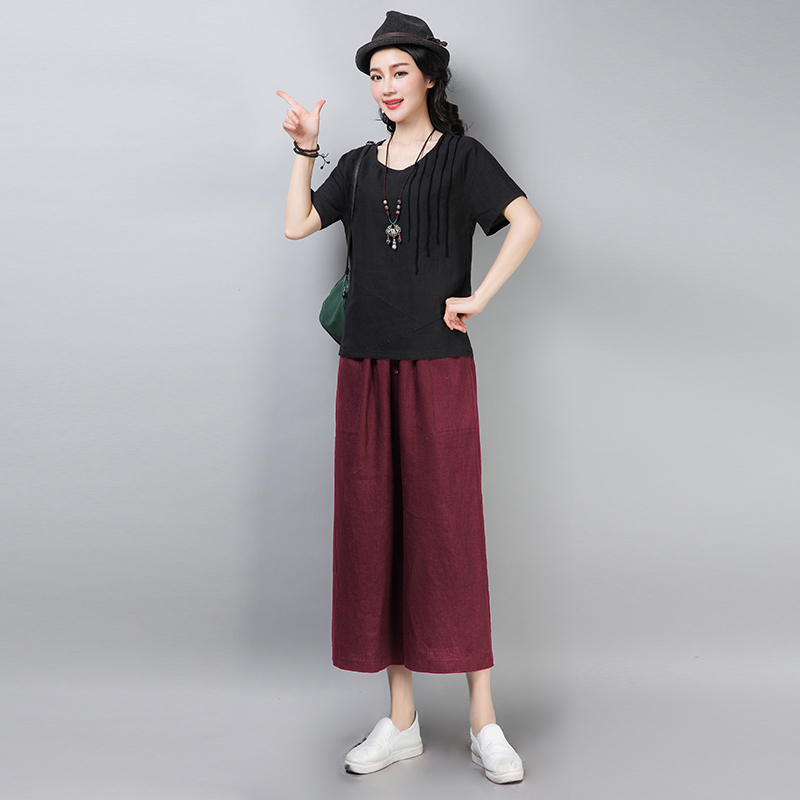 时尚阔腿裤套装女装棉麻女士夏装新品显瘦年轻风复古亚麻两件套潮
