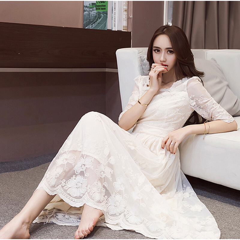 夏季欧美名媛气质显瘦蕾丝连衣裙修身中长款打底镂空仙女礼服裙子