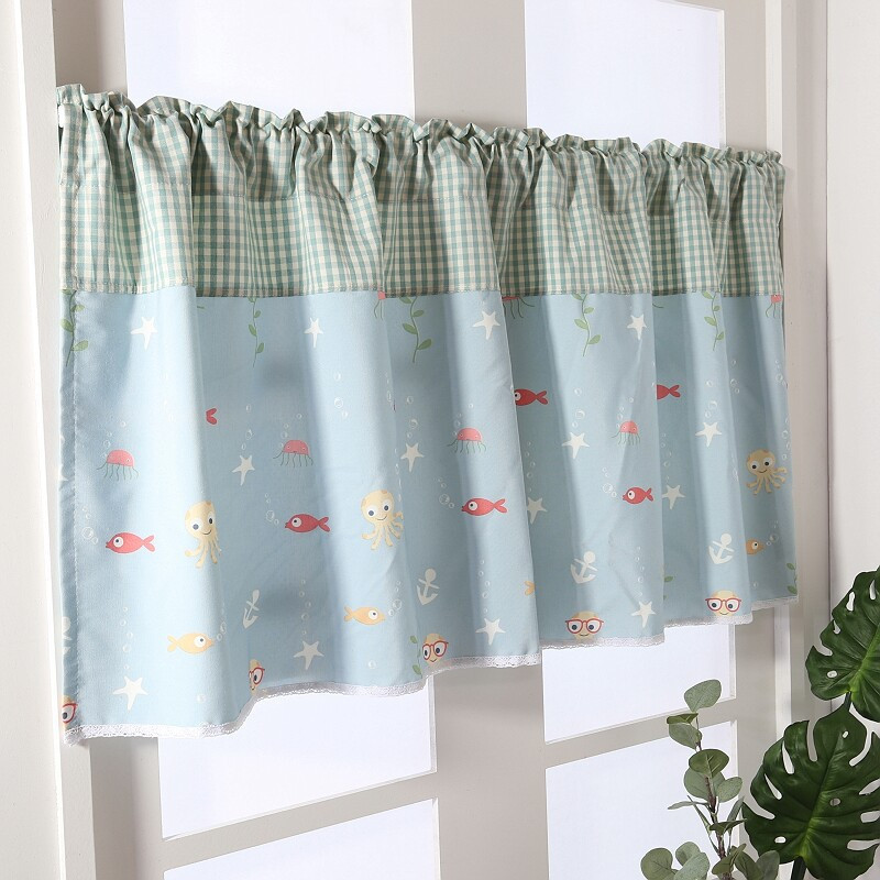 美帮汇经济小窗帘遮光免打孔安装伸缩杆宿舍短窗出租房用厕所隔断帘 浅蓝色海洋世界 宽130*80cm高送70-120杆