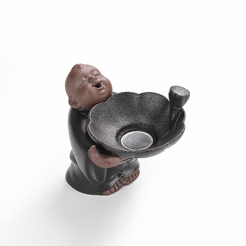 尚帝(shangdi)茶漏创意茶滤粗陶不锈钢泡茶过滤器功夫茶具配件陶瓷简约个性 细哑黑童牧茶漏架高清大图