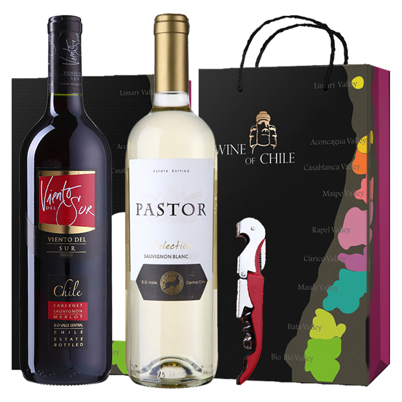 智利进口红酒 彩风红、白葡萄酒双支礼盒套装750ml*2瓶