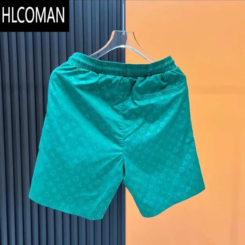 HLCOMAN欧洲站夏薄款休闲运动短裤男高端潮牌印花网红冰丝五分沙滩裤黑色