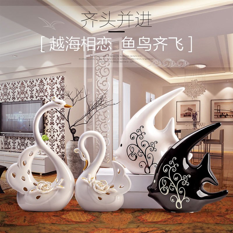 创意家居软装酒柜摆设结婚客厅装饰柜摆件陶瓷摆设描金天鹅 三维工匠 描金情侣天鹅[套装价]