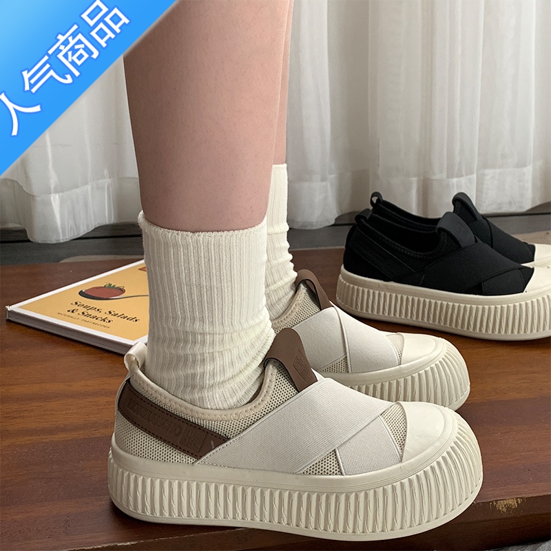 SUNTEK复古小白鞋女学生2023春夏新款透气网面饼干鞋一脚蹬厚底帆布鞋高清大图