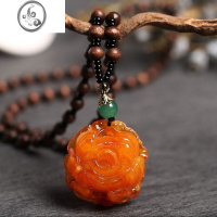 JiMi老蜜蜡色水滴吊坠长男女民族风琥珀项链鸡油黄方牌毛衣链配饰品