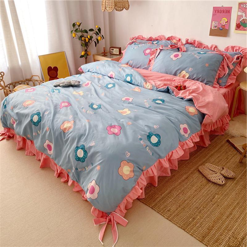 家柏饰(CORATED)少女心公主风床裙款四件套小香风床单被套全棉小清新床上用品全棉 浅蓝色Z灰蓝小花 床裙1.2米三件套【被套1.5*2.0】