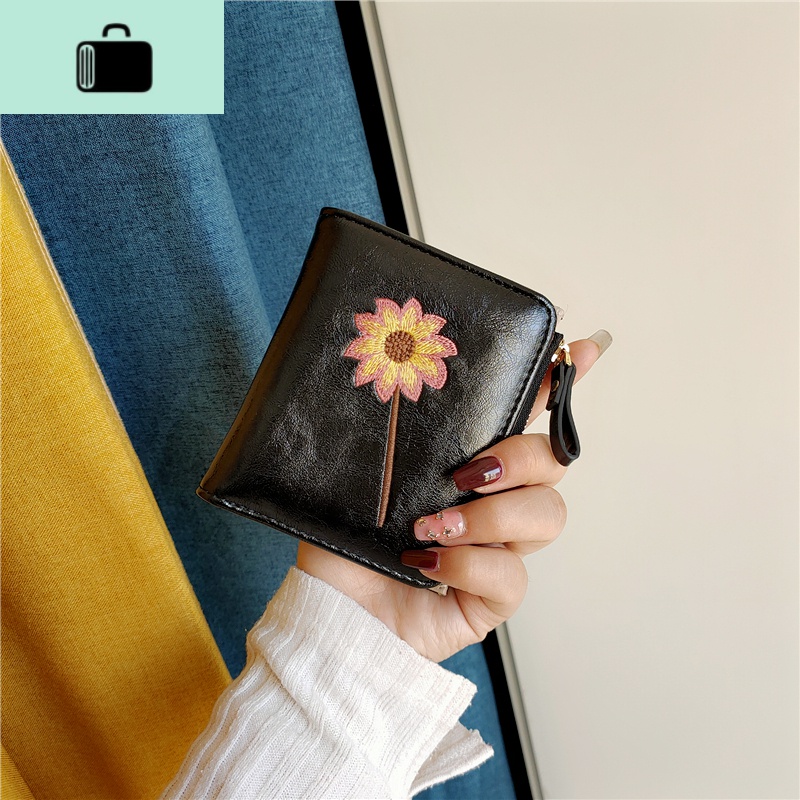 ins小钱包女短款2020新款韩版简约小清新刺绣搭扣拉链折叠零钱夹NEWLAKE 黑色收藏加购送小礼品