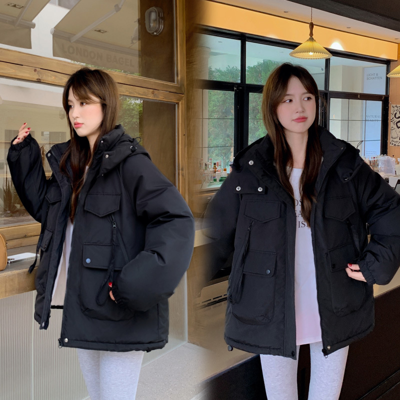 2024新款冲锋衣连帽棉服加厚保暖外套女工装棉衣宽松百搭时尚棉袄 黑色 M