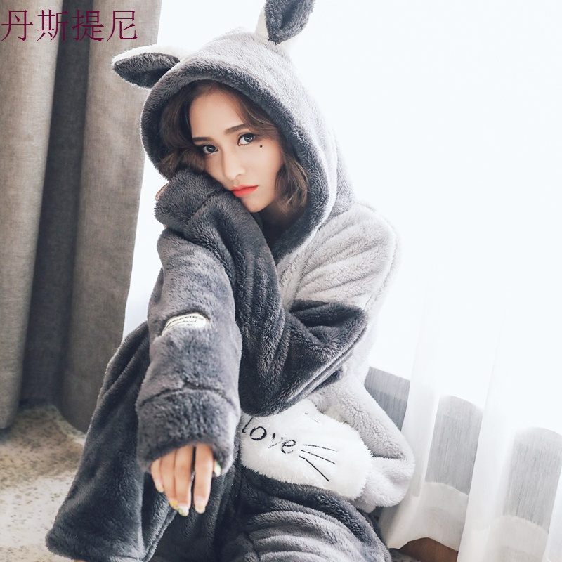 韩版甜美可爱少女珊瑚绒睡衣女秋冬加厚法兰绒连帽宽松家居服套装