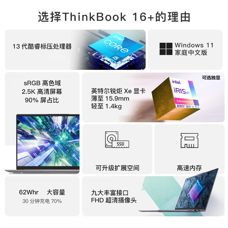 联想Thinkbook16+ 2023款 全新13代标压酷睿 14核心16英寸轻薄笔记本电脑(I7-13700H/16G/512G/4G独显) 银灰 2.5K学生网课学习本苏宁自营