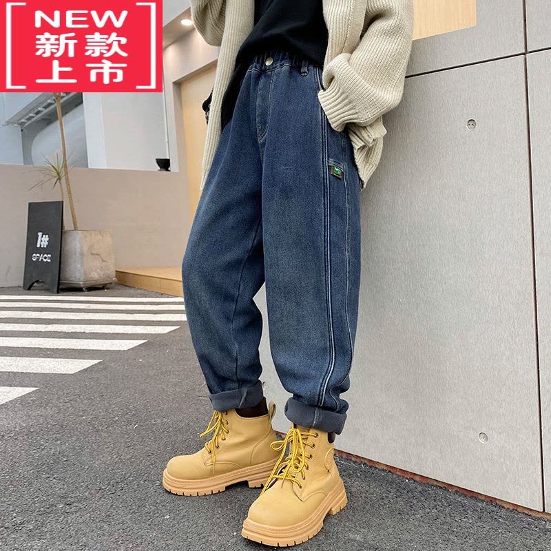 可莉允男童一体绒牛仔裤秋冬季2022新款儿童裤子中大童加绒保暖休闲长裤保暖裤图片