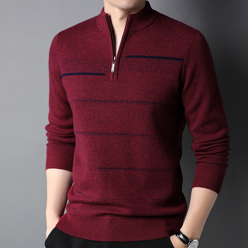 免费试穿100%羊绒毛衣男士羊毛衣拉链领春秋休闲打底纯山羊绒衫品牌毛衣男商务休闲大码毛线衣正品 3653深红 180/96A
