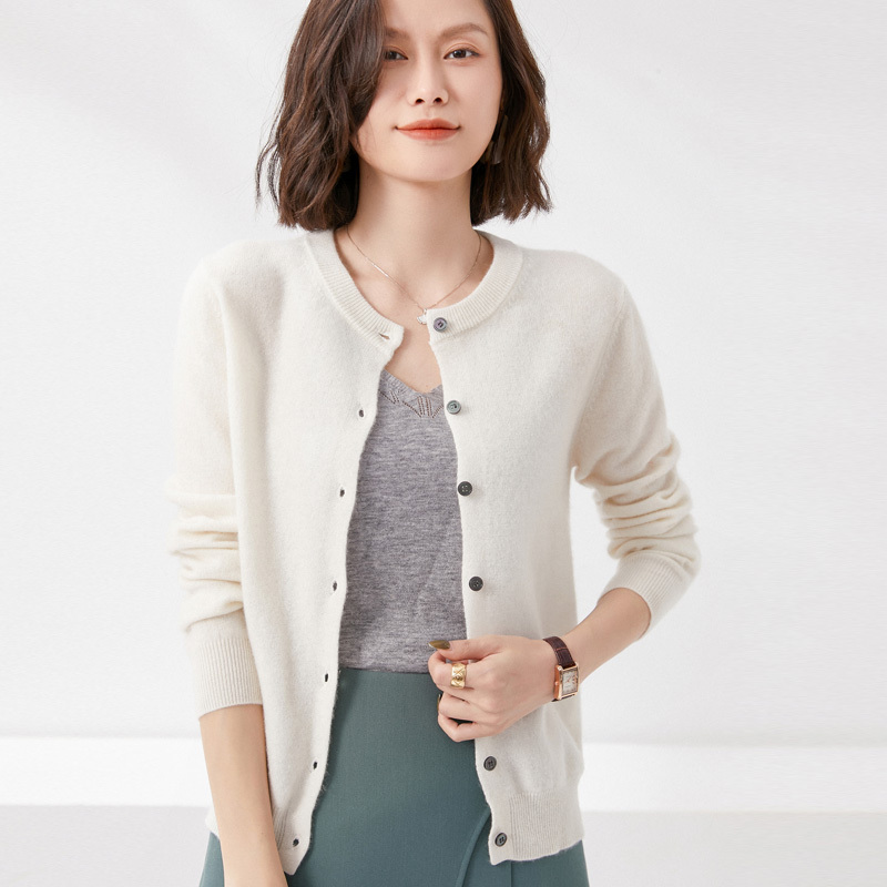 雪米贝奴100%羊毛开衫毛衣女圆领春秋韩版单排扣宽松针织外搭薄款外套