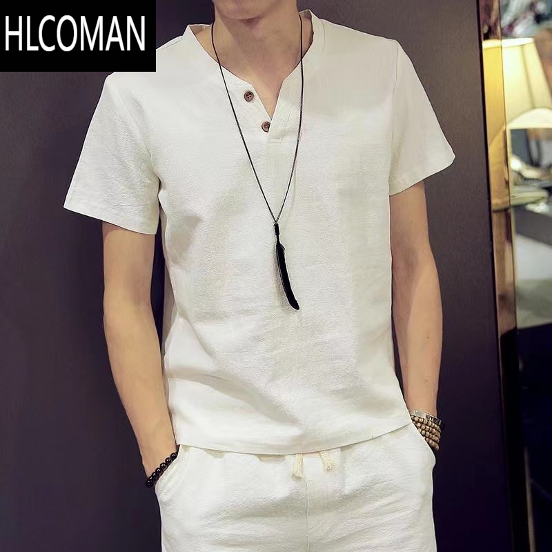 HLCOMAN装夏季亚麻短袖T恤麻料v领中式潮流半截袖中国风男装棉麻上衣