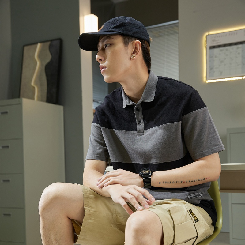 唐狮 男式POLO衫宽条纹绣花短袖POLO衫男士POLO衫短袖