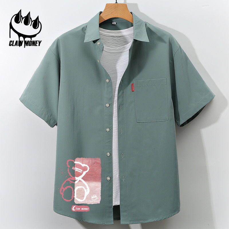 Claw money薄款短袖衬衫男女五分袖夏季潮流冰丝情侣装衬衣外套男