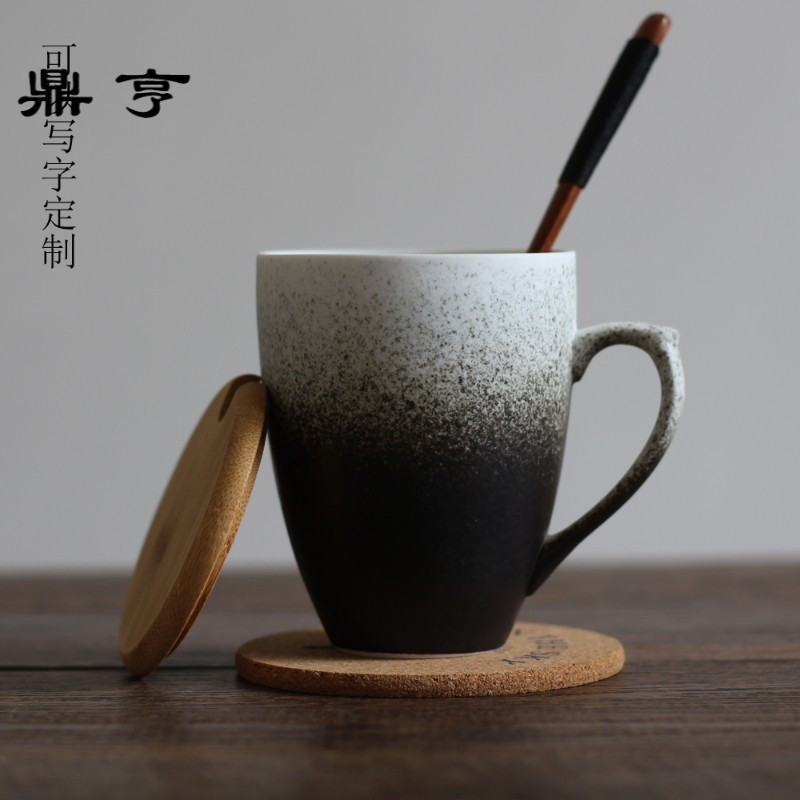 鼎亨复古简约日式马克杯个性创意带盖勺陶瓷杯咖啡杯茶杯水杯定制