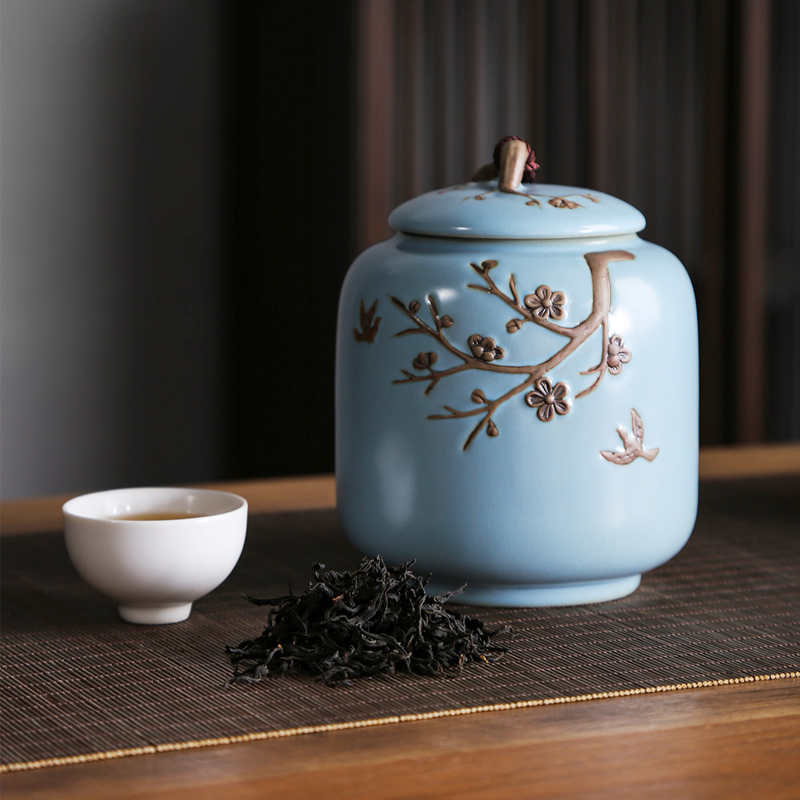 領藝 茶叶罐中式大号陶瓷储茶罐密封罐茶罐约可装茶叶250g功夫茶具配件 梅花雁