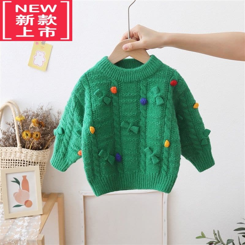 可莉允女童圆领毛衣儿童手工蝴蝶结针织衫小女孩打底宝宝秋冬套头毛线衣图片