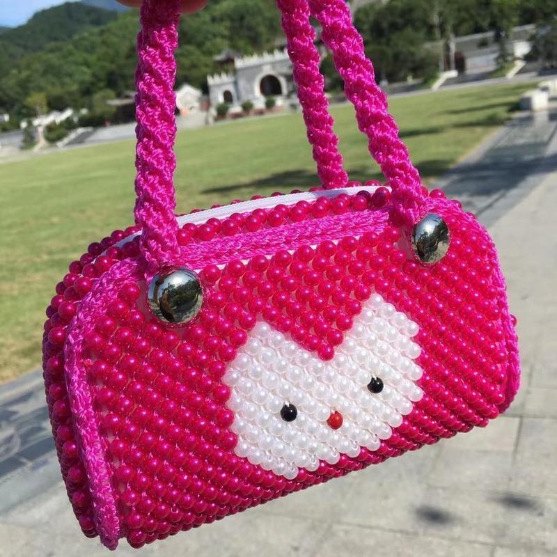 成品包包串珠手工成品手提妈咪包女包手提包单肩斜挎珠子包珍珠包 红色叮当猫