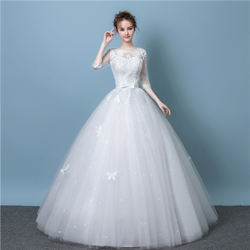 轻森系婚纱礼服2018新款韩式孕妇婚纱包肩短袖蕾丝齐地显瘦春季新