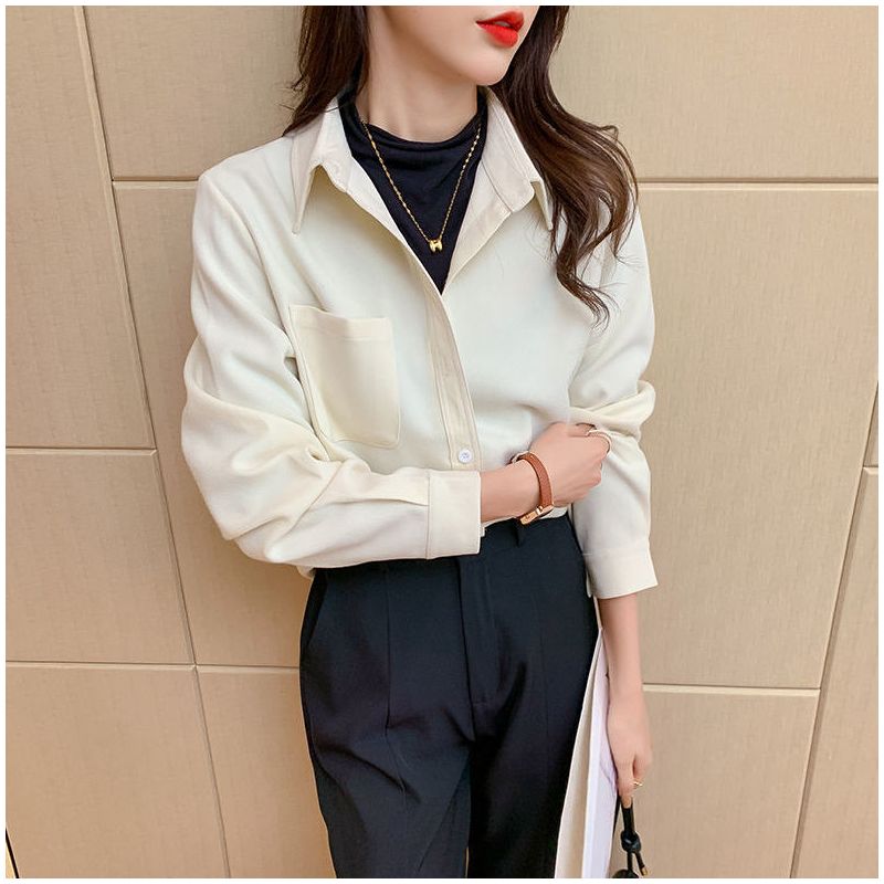 2021秋冬新款斜纹磨毛设计感衬衣女宽松显瘦叠穿小众叠穿上衣女