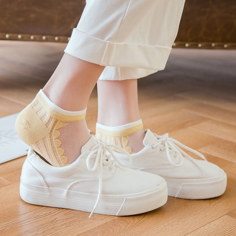 暖青汇女短丝祙玻璃丝袜子夏天薄款棉短袜短筒水晶船袜小熊网红透气