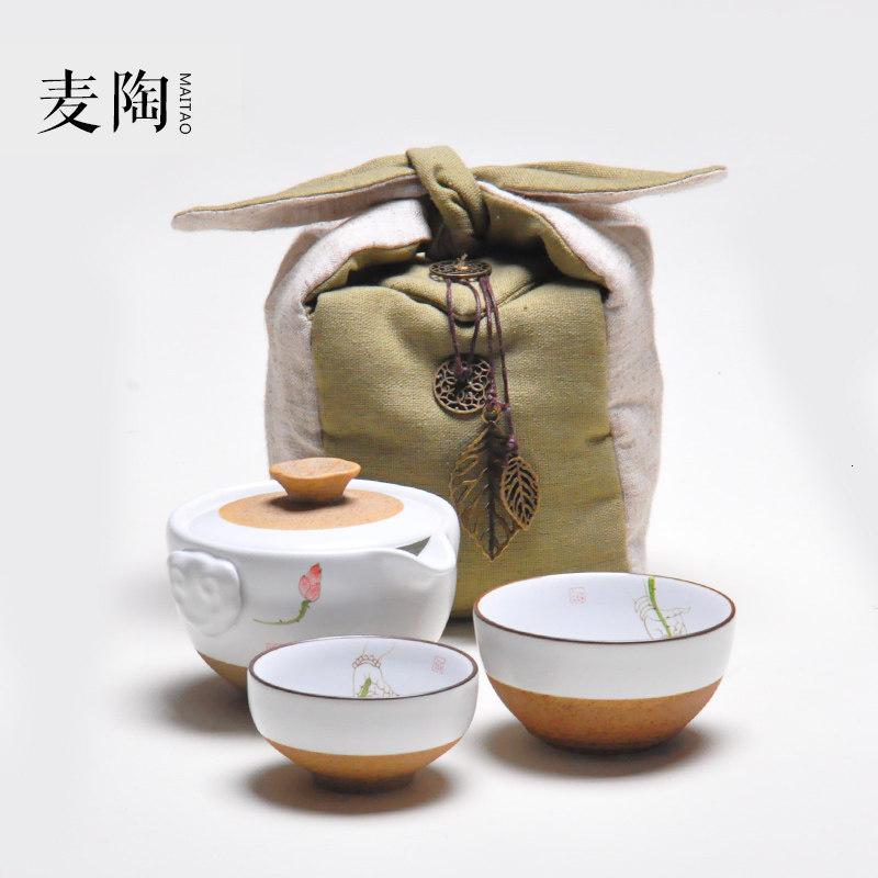 美帮汇旅行茶具快客杯一壶两杯收纳袋日式茶壶茶杯便携棉麻布袋包高清大图