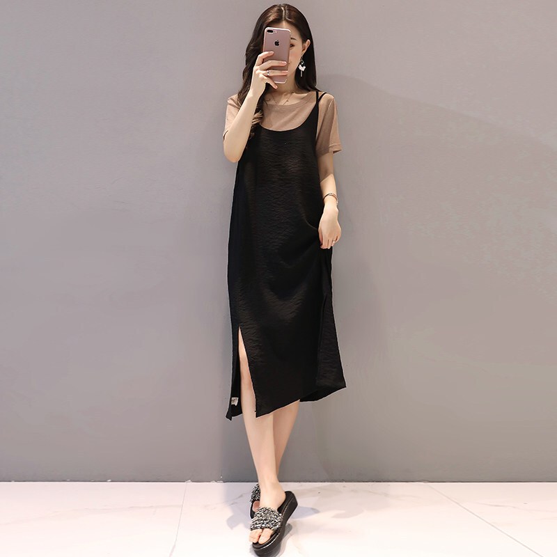 2018夏季新款韩版春款女装T恤带连衣裙中长款宽松背带裙两件套