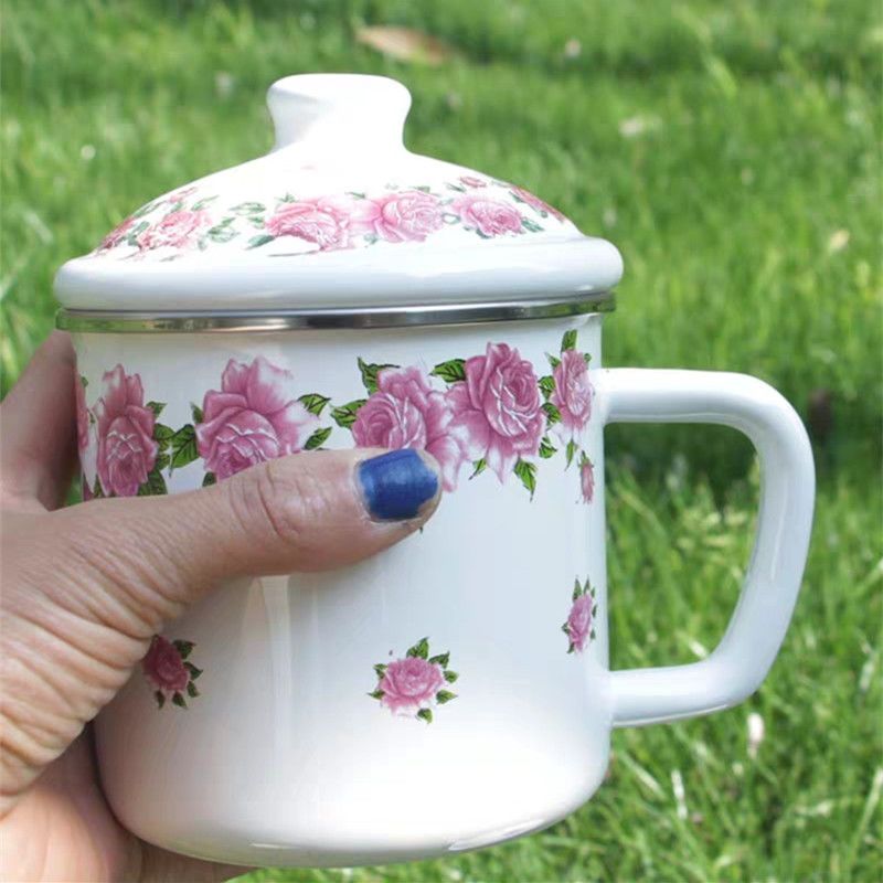 1l大容量搪瓷水杯复古经典加厚搪瓷缸子带盖老式铁茶杯大号马克杯12cm