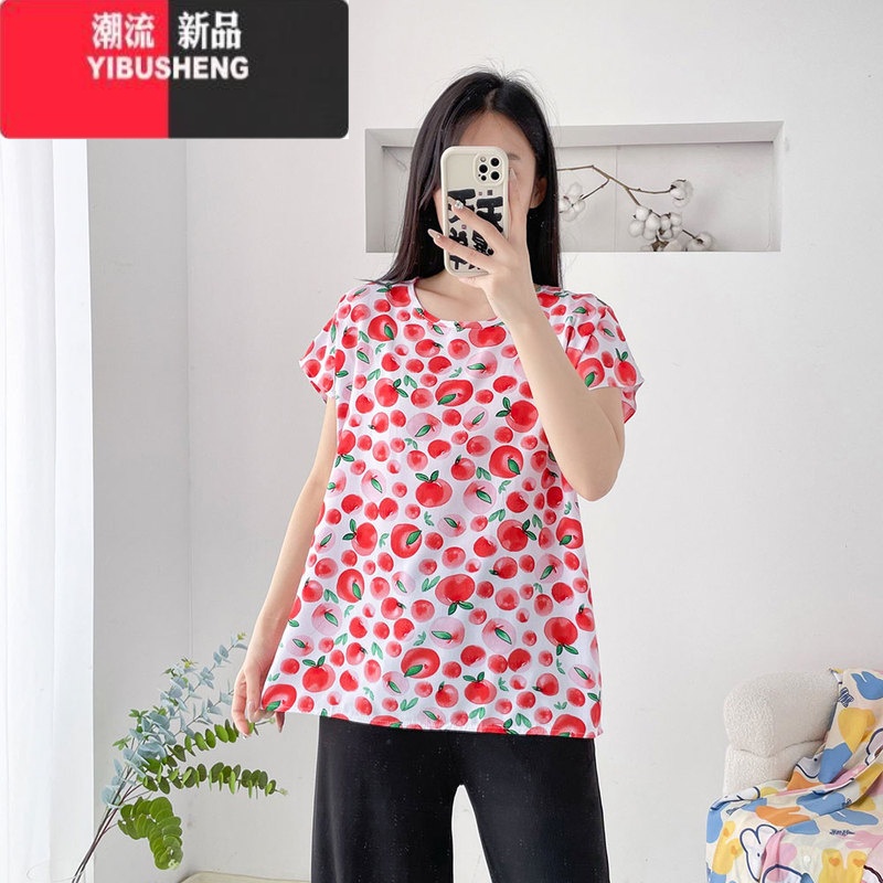 YIBUSHENG棉绸上衣女2024季新薄款宽松显瘦韩版短袖胖mm大码人造棉T恤衫高清大图