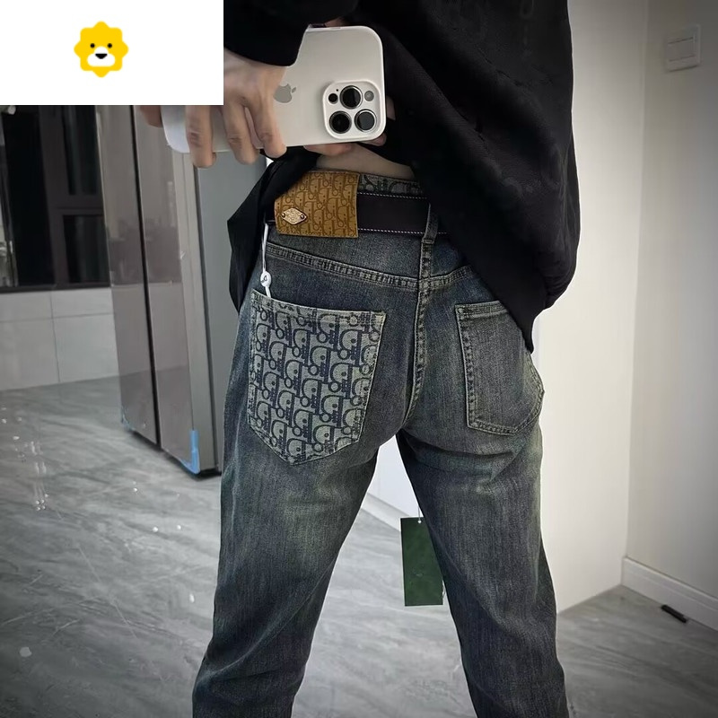 fish basket款做旧复古高端欧美潮牌牛仔裤男修身小直筒弹力休闲潮流