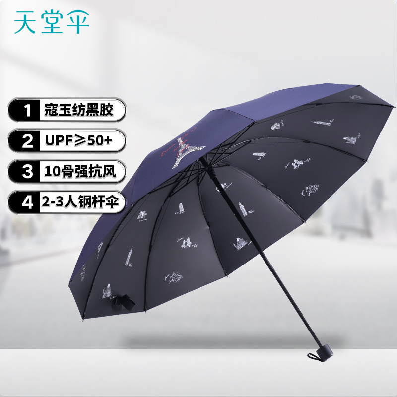 天堂 双人晴雨伞三折 遮阳伞太阳伞10骨加大加固抗风大伞 之窗高清大图