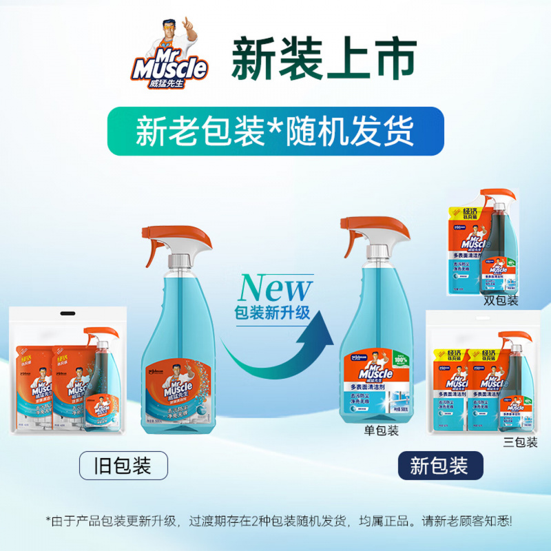 威猛先生(Mr Muscle)玻璃清洁剂500g+420g*2袋 浴室车窗清洁剂 去污防尘持久洁净高清大图