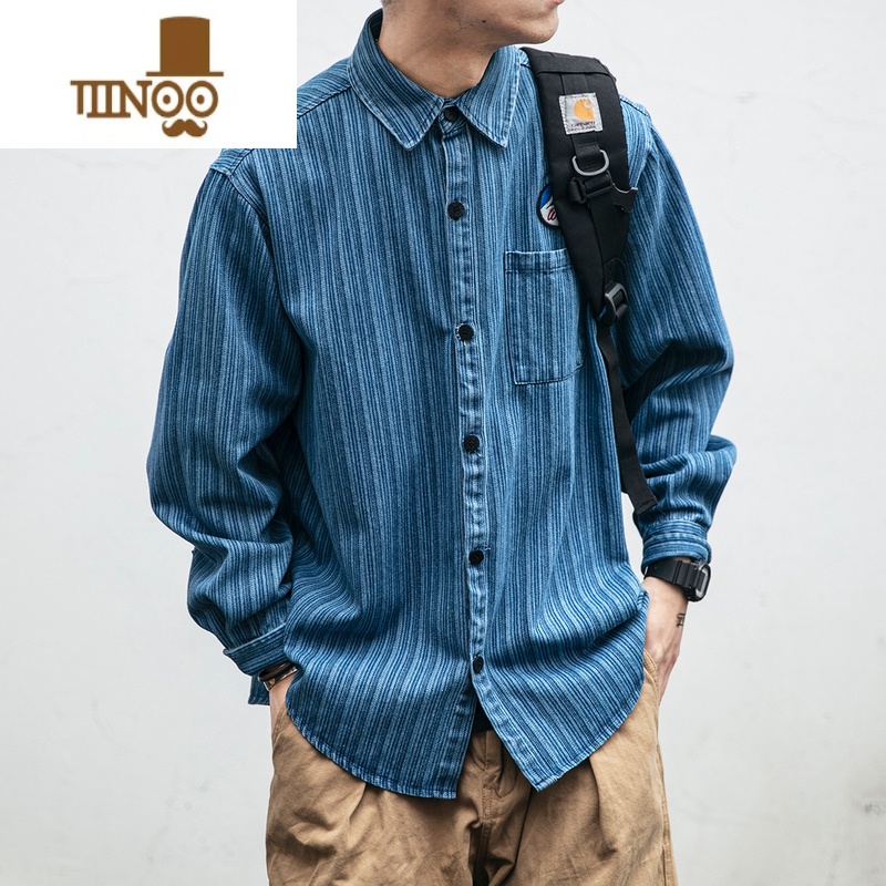 YANXU日系潮牌宽松条纹衬衫男韩版潮流长袖衬衣情侣学生百搭上衣高清大图