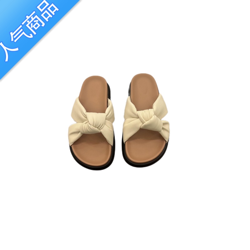 SUNTEK厚底仙女风凉鞋半拖鞋2022年女新款夏季外穿平底蝴蝶结防滑沙滩鞋高清大图