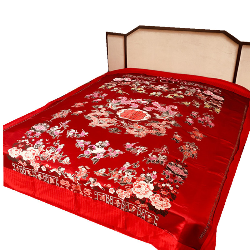 婚庆大红绿被套杭州丝绸缎结婚被罩软缎喜被面全棉被里龙凤百子图