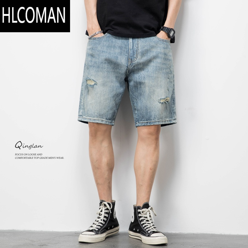HLCOMAN破洞牛仔短裤男潮牌宽松大码直筒五分裤潮流休闲马裤夏季薄款中裤