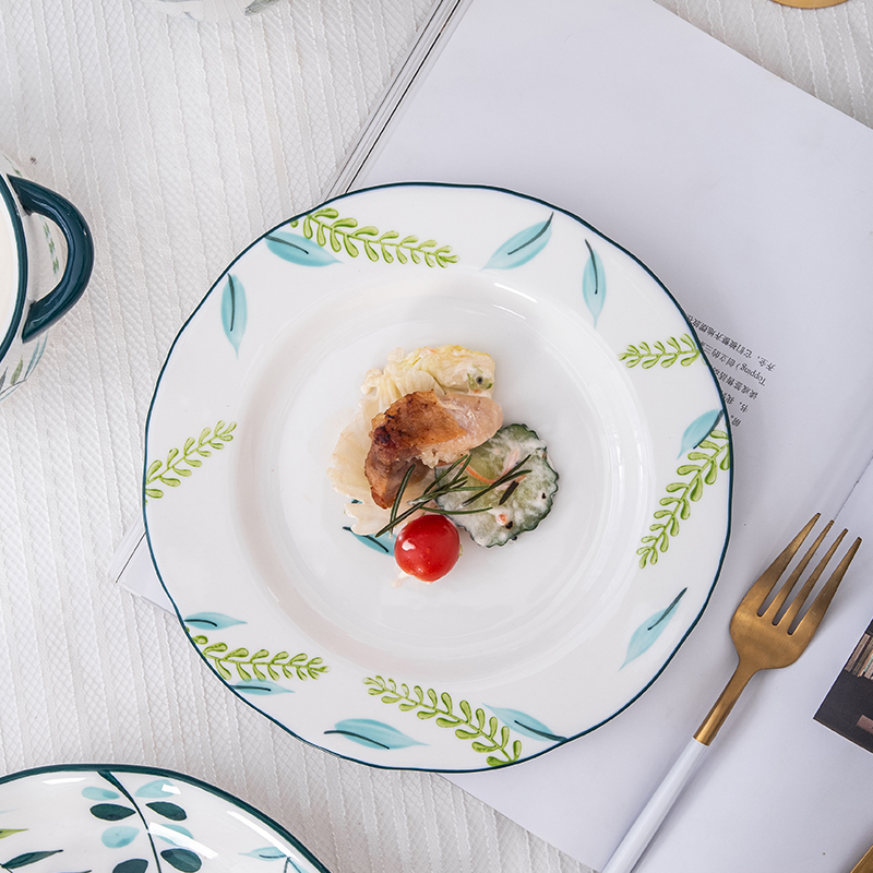 凌天 景德镇北欧绿荫小清新陶瓷四人食餐具家用套装餐盘菜盘汤盘泡面碗马克杯碗盘套装高清大图