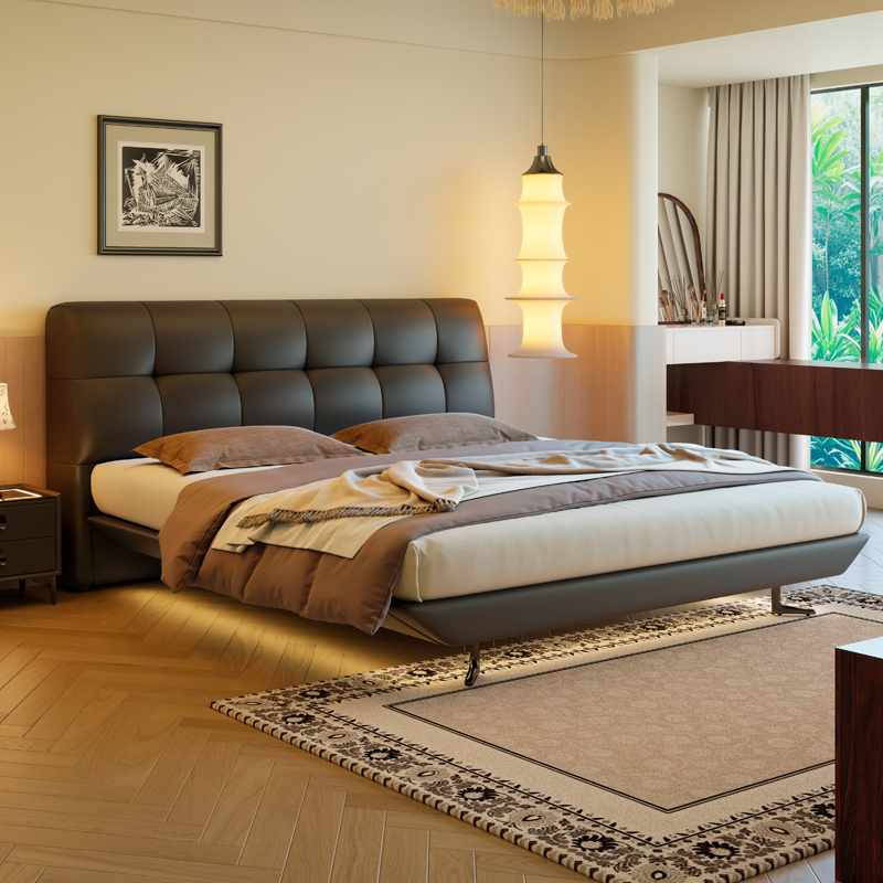 意式真皮床轻奢现代简约双人床主卧室黑色婚床家用软包实木储物床高清大图