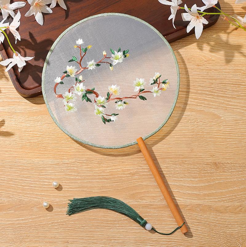 团扇古风扇子儿童夏半透长柄流苏舞蹈扇女古装汉服旗袍刺绣小圆扇- 素雅（双面刺绣）
