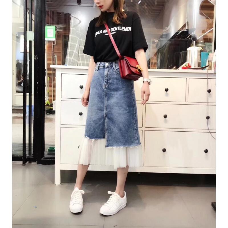 半身裙春季2018新款女装韩版时尚百搭不规则开叉下摆牛仔半身中裙蓝色