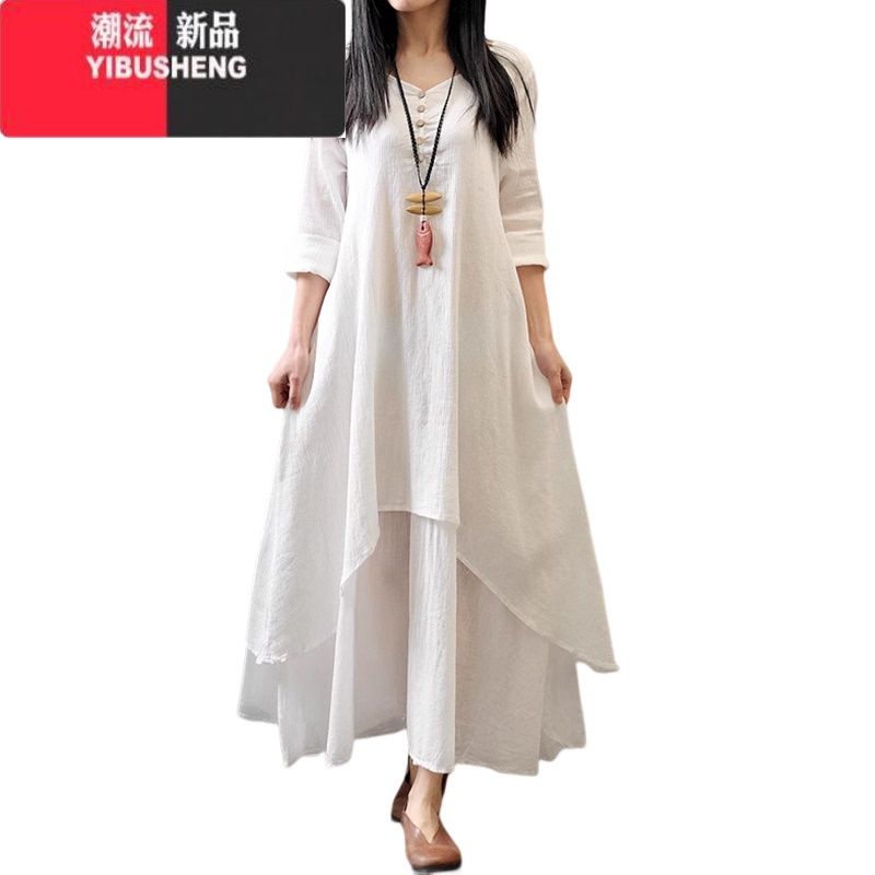 YIBUSHENG新款民族风优质假两件长裙春秋大摆亚麻连衣裙宽松长袖棉麻裙高清大图